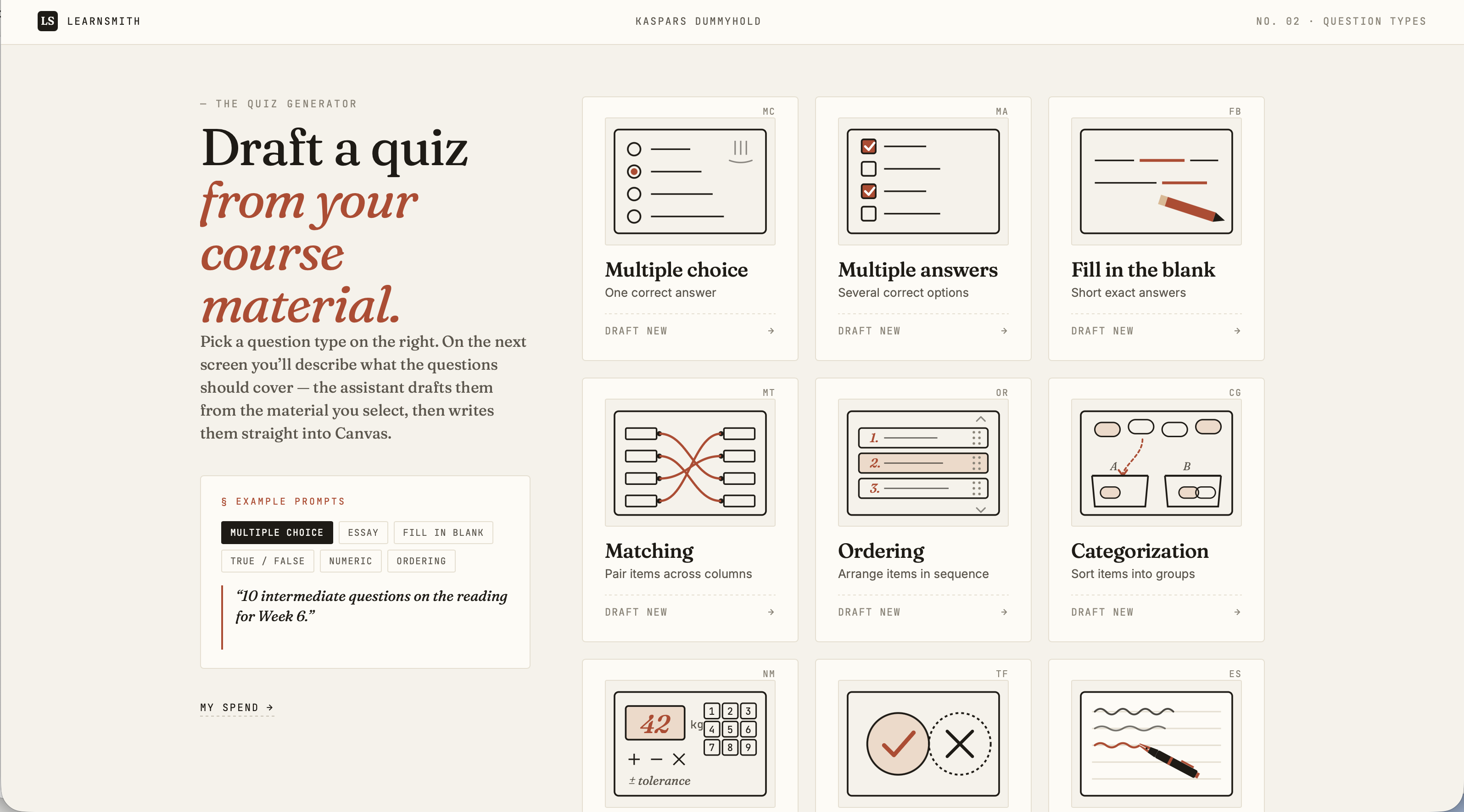 Quiz Generator showing nine question type cards including multiple choice, matching, and ordering